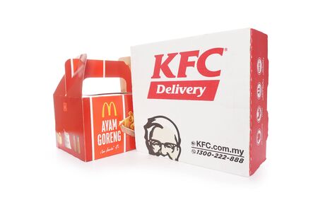 Shah Alam, Malaysia - 1 November 2019,Box of KFC and McDonalds Packaging isolated on white background.のeditorial素材