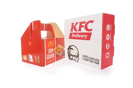 Shah Alam, Malaysia - 1 November 2019,Box of KFC and McDonalds Packaging isolated on white background.のeditorial素材