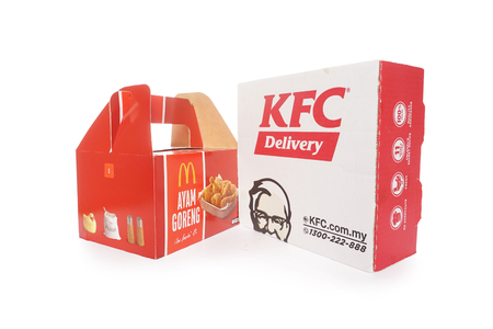Shah Alam, Malaysia - 1 November 2019,Box of KFC and McDonalds Packaging isolated on white background.のeditorial素材