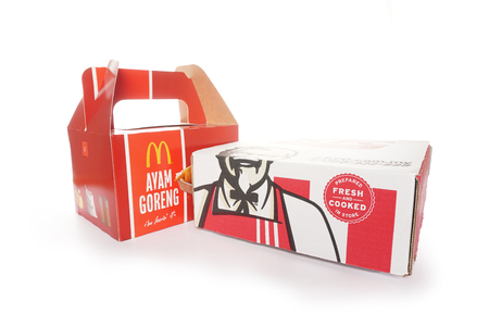 Shah Alam, Malaysia - 1 November 2019,Box of KFC and McDonalds Packaging isolated on white background.のeditorial素材