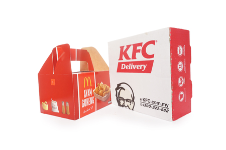 Shah Alam, Malaysia - 1 November 2019,Box of KFC and McDonalds Packaging isolated on white background.のeditorial素材