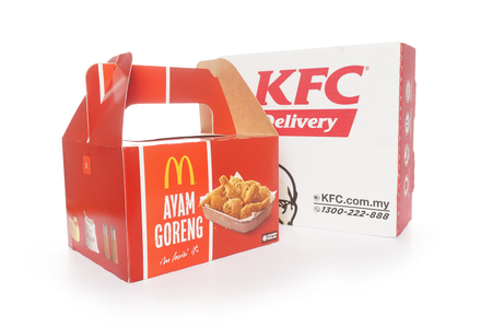 Shah Alam, Malaysia - 1 November 2019,Box of KFC and McDonalds Packaging isolated on white background.のeditorial素材