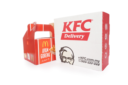 Shah Alam, Malaysia - 1 November 2019,Box of KFC and McDonalds Packaging isolated on white background.のeditorial素材