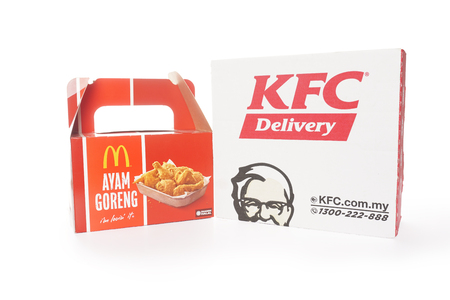 Shah Alam, Malaysia - 1 November 2019,Box of KFC and McDonalds Packaging isolated on white background.のeditorial素材