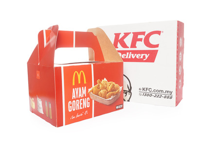 Shah Alam, Malaysia - 1 November 2019,Box of KFC and McDonalds Packaging isolated on white background.のeditorial素材