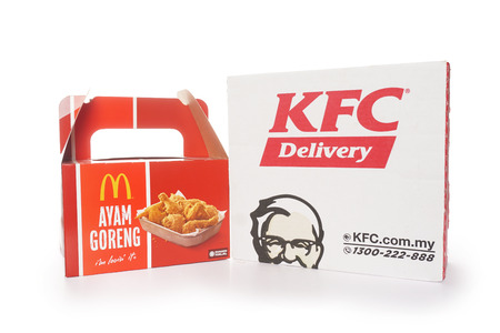 Shah Alam, Malaysia - 1 November 2019,Box of KFC and McDonalds Packaging isolated on white background.のeditorial素材