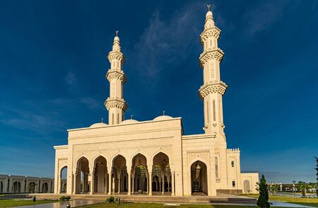 sri sendayan mosque at sendayan negeri sembilan malaysia dramatic blue hour aerial shotの写真素材