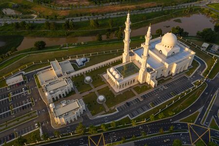 sri sendayan mosque at sendayan negeri sembilan malaysia dramatic blue hour aerial shotの写真素材