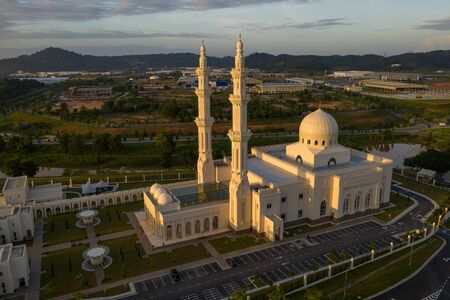 sri sendayan mosque at sendayan negeri sembilan malaysia dramatic blue hour aerial shotの写真素材