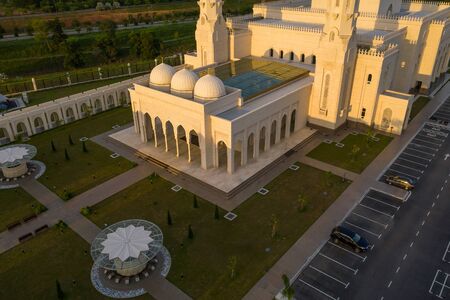 sri sendayan mosque at sendayan negeri sembilan malaysia dramatic blue hour aerial shotの写真素材