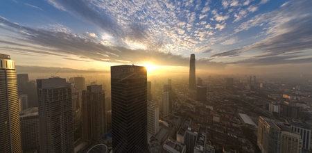kuala lumpur, malaysia - 10 december 2019. pavilion tower with dramatic sunrise and mega structures seen from afarのeditorial素材