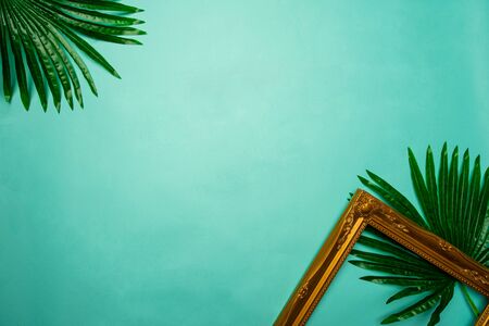 flat lay of brown frame and green leaf on turquoise backgroundの写真素材