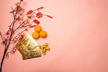 flat lay of mandarin orange and gold packet with chinese character "fu" means fortune and prosperity in pink backgroundの写真素材