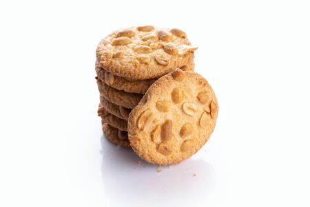 peanut cookies close up shot on white backgroundの写真素材