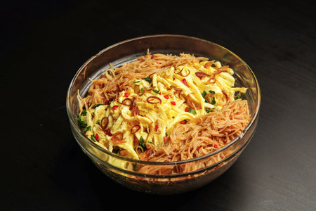 fried vermicelli noodles served with sliced omelet on white backgroundの写真素材