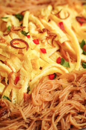 fried vermicelli noodles served with sliced omelet on white backgroundの写真素材