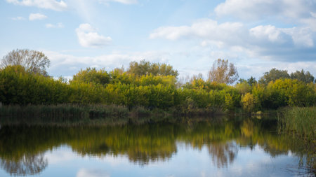 A small lake in the Park, the yellowing trees along the shore. The reflection of sky and trees in the water of the lake. A beautiful scenic placeの写真素材