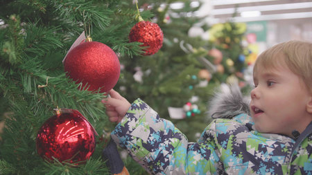 Father and son choose a Christmas tree in the store. Christmas sale of toys and Christmas trees until Christmas. Christmas gifts for loved onesの写真素材