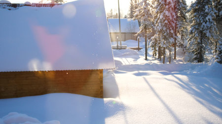 Snowflakes slowly fall to the ground, the bright sun illuminates the falling snowの写真素材