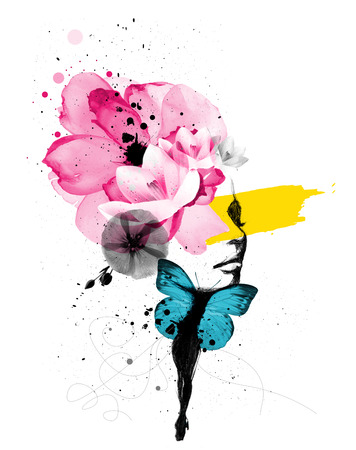 Mixed media illustration of a woman portrait with butterfly wings and floral decoration Mixed media illustration of a woman portrait with butterfly wings and floral decoration