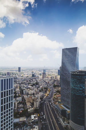 Tel Aviv-Yafo, Israel - June 12, 2018: Aerial view of the buildings and streets in Tel Aviv-Yafo, the cultural capital of the State of Israel.