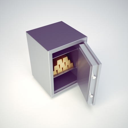 Opened safe with golden bars isolated on white background. Ready to use illustrationの写真素材