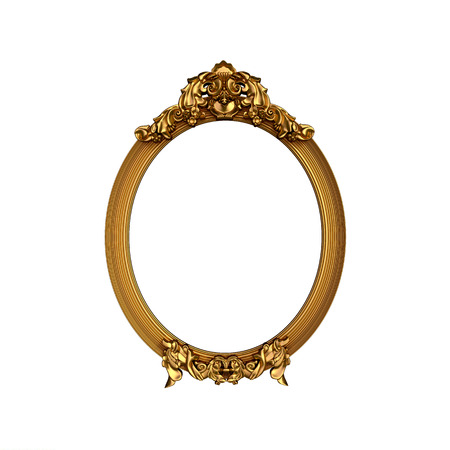 Oval vintage golden frame with blank space. Isolated on white.の写真素材