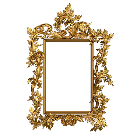 Rectangular vintage golden frame with blank space. Isolated on white.の写真素材