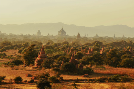 Pagodas in Myanmar during sunsetの写真素材
