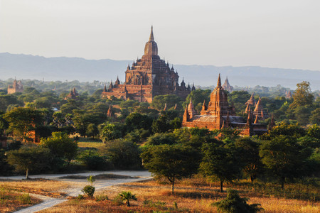 Pagodas in Myanmar during sunsetの写真素材