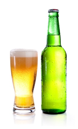 Isolated Glass and Green bottle of beer on a white backgroundの写真素材
