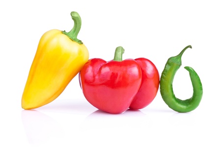 Set of three fresh peppers Isolated on a white backgroundの写真素材
