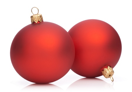 Two Christmas Red Baubles Isolated  on white backgroundの写真素材