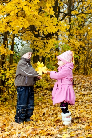 Little boy and girl play in a park in autumnの写真素材