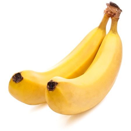 Two yellow Bananas ripe Isolated Located cascade on Whiteの写真素材