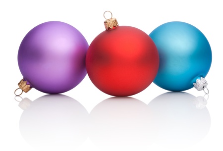 Christmas Red, Purple, Blue Baubles Isolated on white backgroundの写真素材