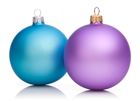 Christmas Purple and Blue Baubles Isolated on white backgroundの写真素材