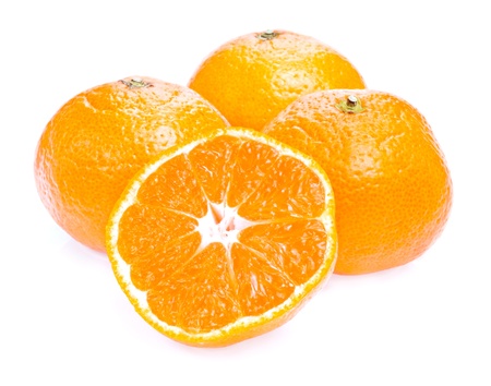 Three ripe juicy Tangerine and half Isolated on white backgroundの写真素材