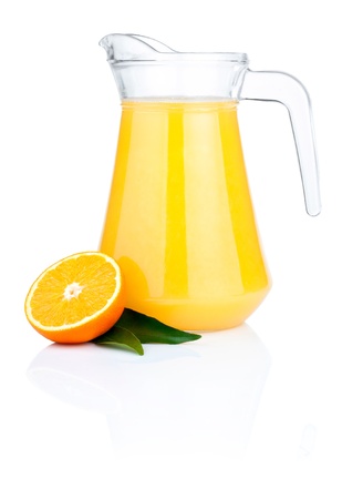 Orange juice in pitcher, half oranges and the leaves, Isolated on white backgroundの写真素材