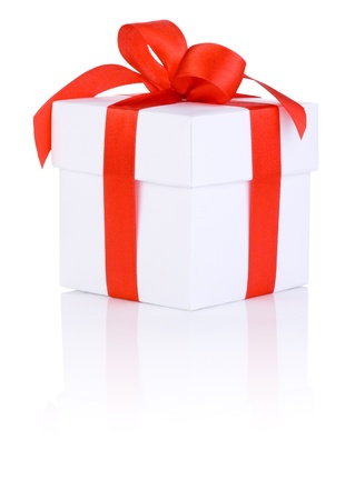 One White boxs tied Red satin ribbon bow Isolated on white backgroundの写真素材