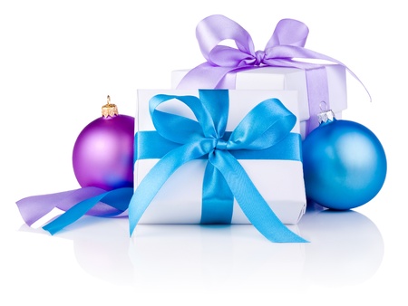 Two White boxs tied with a satin ribbon bow, Purple and blue Christmas balls Isolated on white backgroundの写真素材