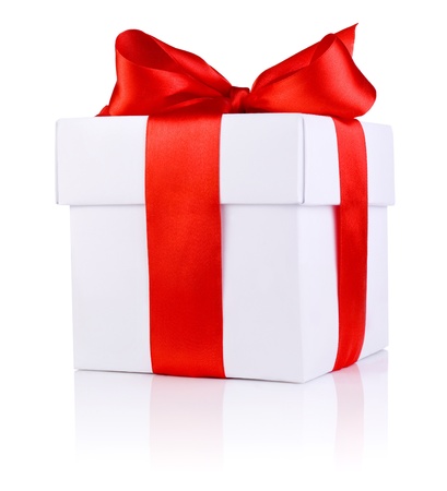 One White boxs tied Red satin ribbon bow Isolated on white backgroundの写真素材