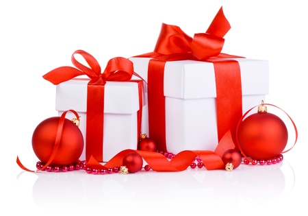 Two Christmas gift with Red Ball, ribbon bow and beads isolated on white backgroundの写真素材