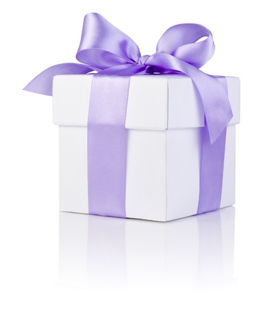 One White boxs tied Purple satin ribbon bow Isolated on white backgroundの写真素材