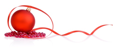 One red christmas ball, beads and tape Isolated on white backgroundの写真素材