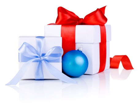 Two White boxs tied with a satin ribbon bow and blue Christmas balls Isolated on white backgroundの写真素材