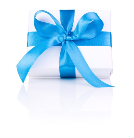 One White boxs tied Blue satin ribbon bow Isolated on white backgroundの写真素材