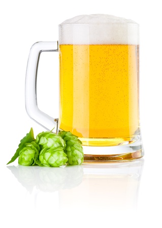 Mug fresh beer with Green hops isolated on a white backgroundの写真素材