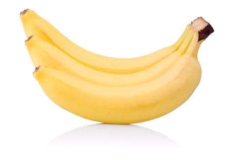 Three yellow Bananas ripe Isolated on a white backgroundの写真素材