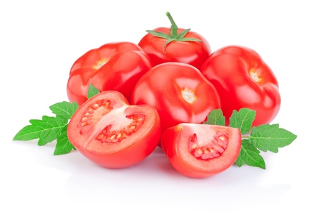 Fresh Juicy red tomato and slice with leaves Isolated on white backgroundの写真素材